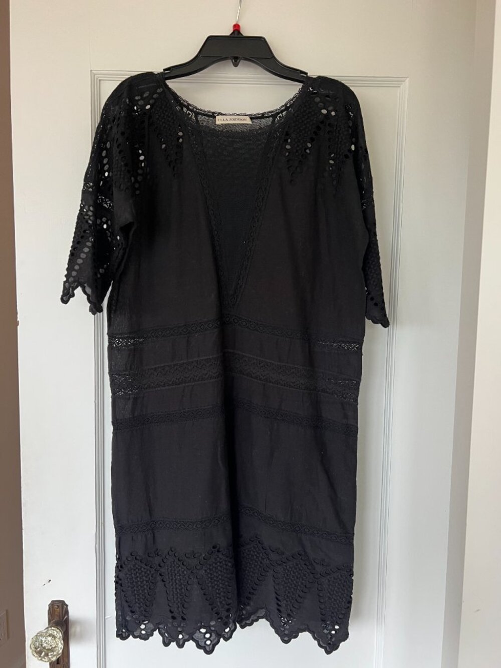 Black Mini Ulla Johnson Scallop Edge Eyelet Dress